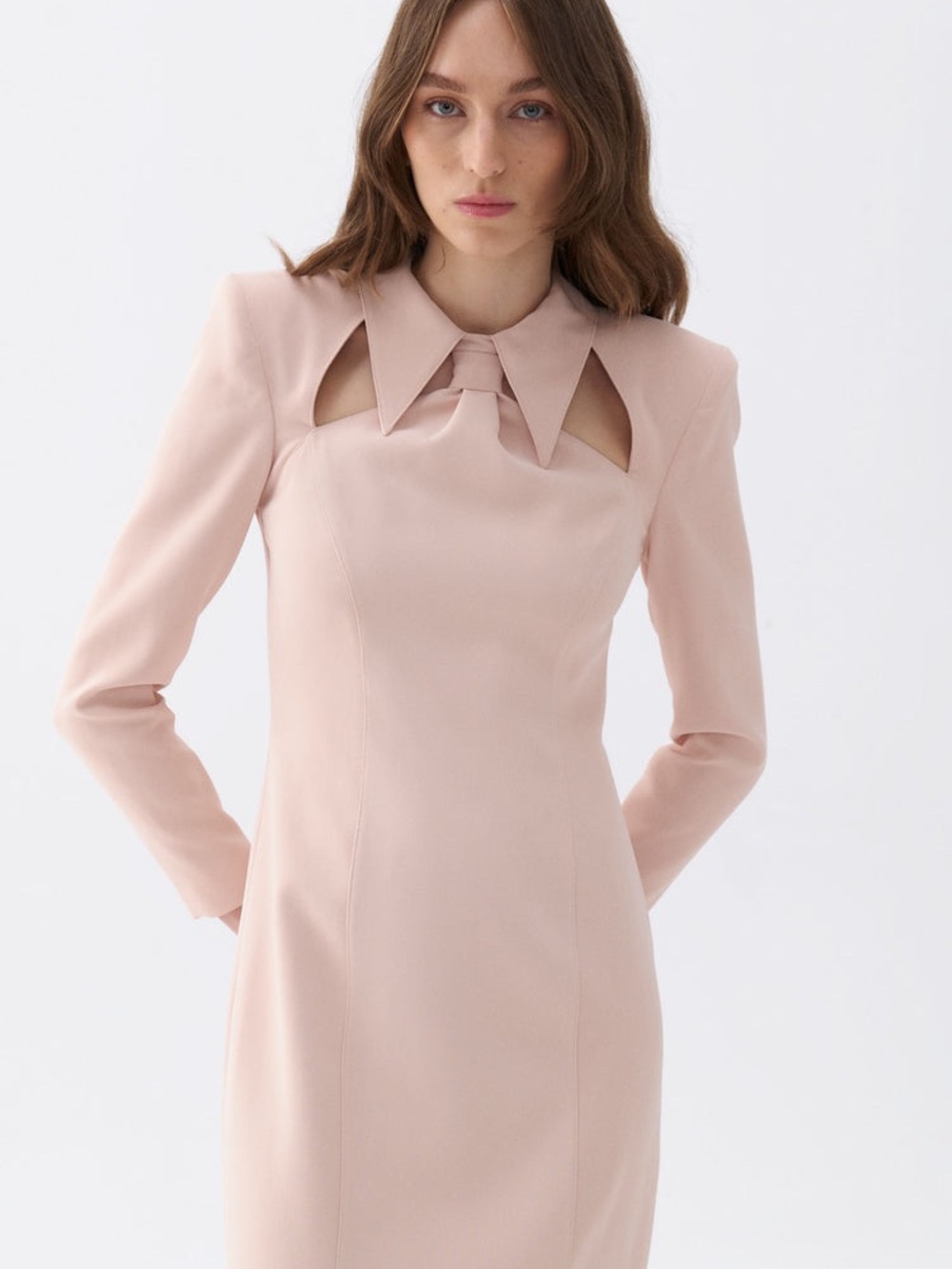 Blush Necktie Midi Dress with Shoulder Pads